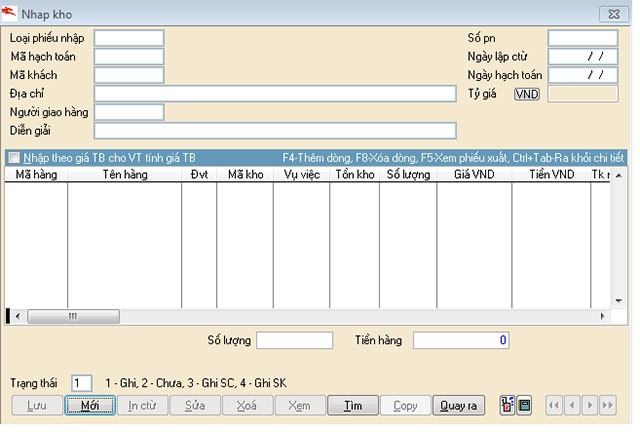 Giao diện phiếu nhập kho
