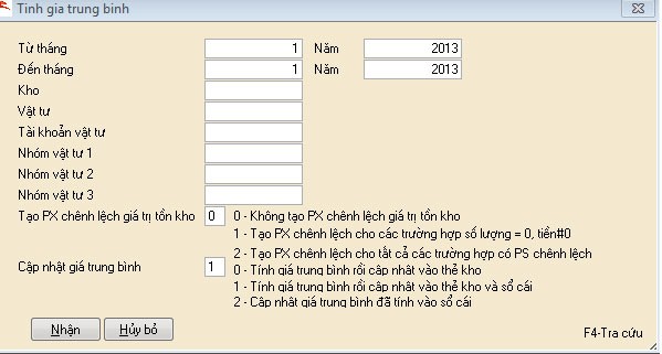 Giao diện tính giá thành vật tư