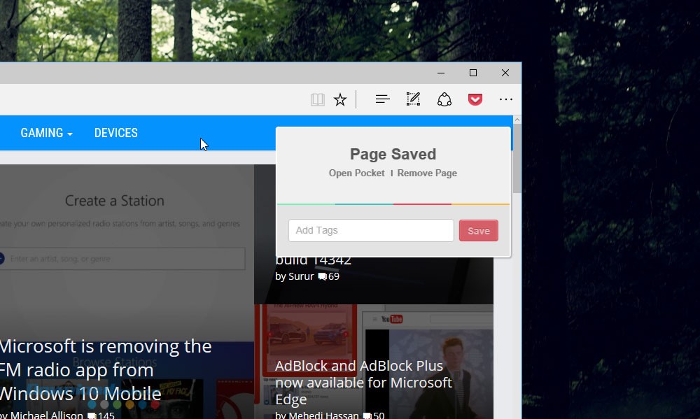 Giao diện Save to Pocket trên Microsoft Edge