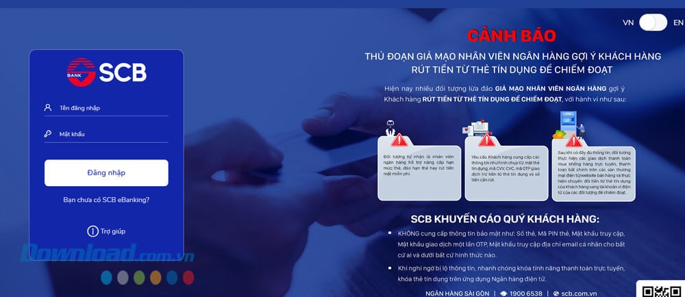 Giao diện đăng nhập tài khoản SCB Internet Banking