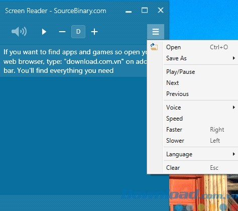 Menu của Screen Reader