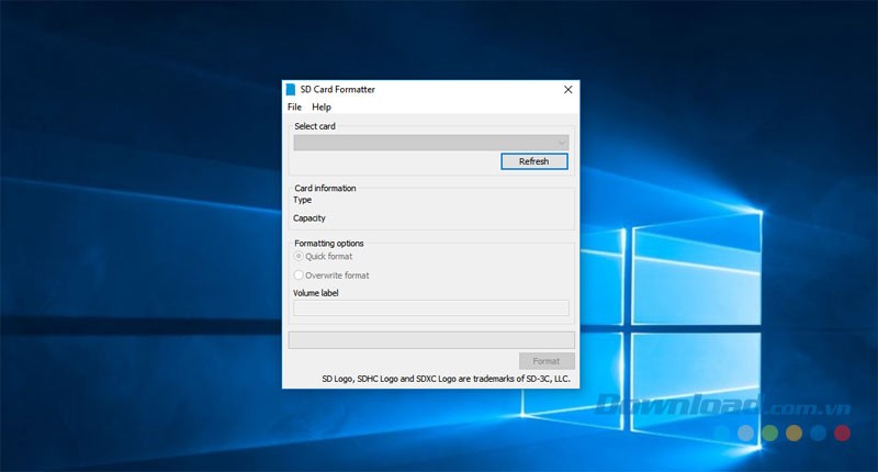 Giao diện chính của ứng dụng SD Card Formatter cho máy tính