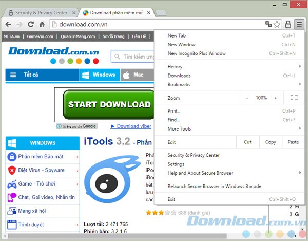 Menu của Secure Browser