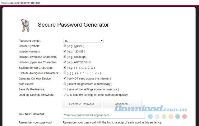 Giao diện Secure Password Generator