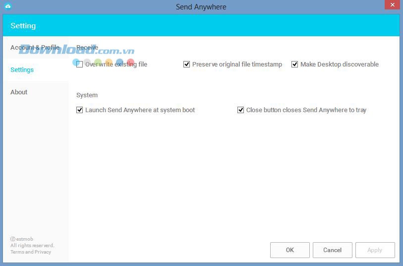 Cài đặt trong Send Anywhere