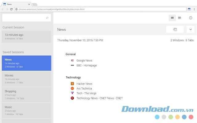 Giao diện tiện ích quản lý Tab Session Buddy thú vị cho Chrome