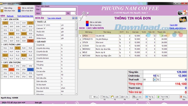 Thông tin hoá đơn trong giao diện màn hình bán hàng
