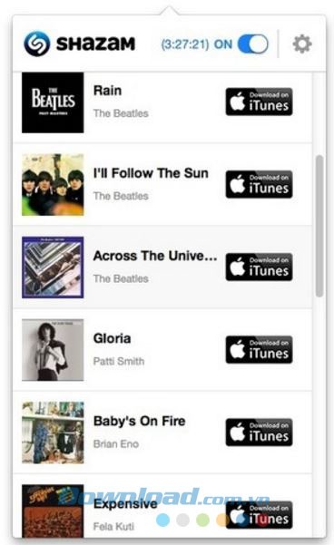 Thông báo hiển thị danh sách bài hát của Shazam