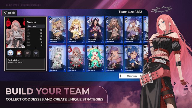 Thu thập các nữ thần, tạo chiến lược độc đáo và xây dựng đội của bạn trong game Shiba Wars - Goddess Defense