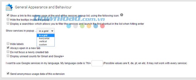 Kiểu hiển thị danh mục shortcut