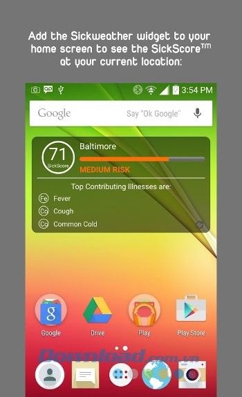 Sickweather hỗ trợ widget trên màn hình chủ