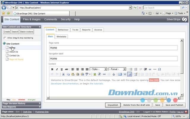 Giao diện chính của công cụ thiết kế web SilverStripe CMS cho máy tính