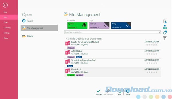 Menu quản lý file của Simple Dashboards