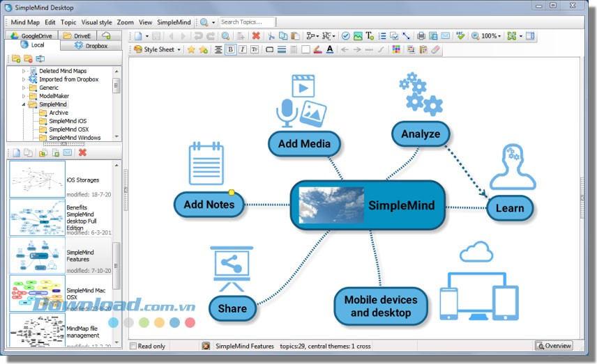 Giao diện đơn giản cùng nhiều tính năng của SimpleMind Desktop