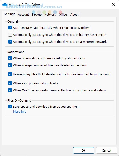 Các tùy chọn thiết lập trên Microsoft OneDrive