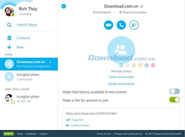 Lấy liên kết của cuộc hội thoại để mời bạn bè tham gia trong Skype