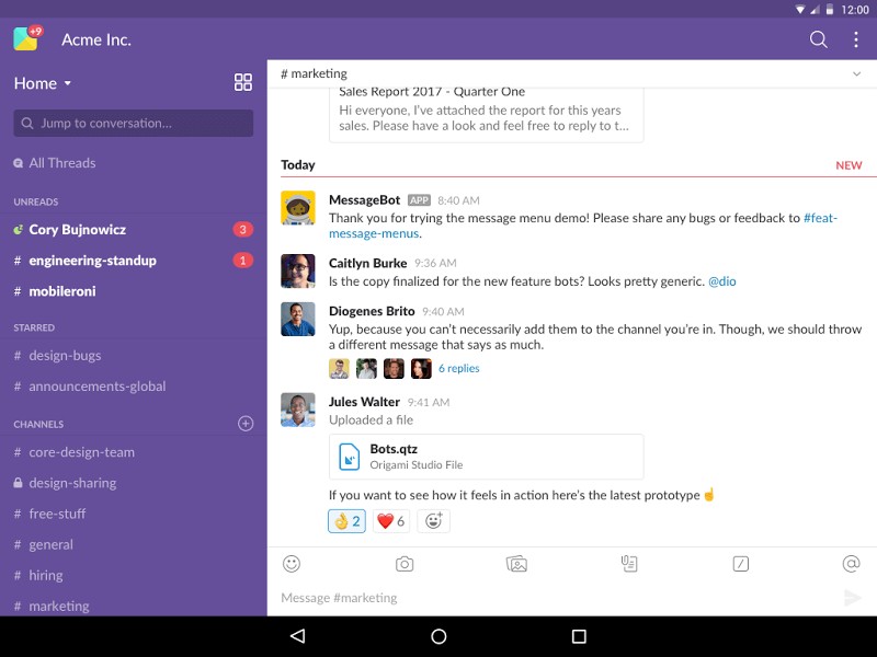 Giao diện Slack trên màn hình máy tính bảng