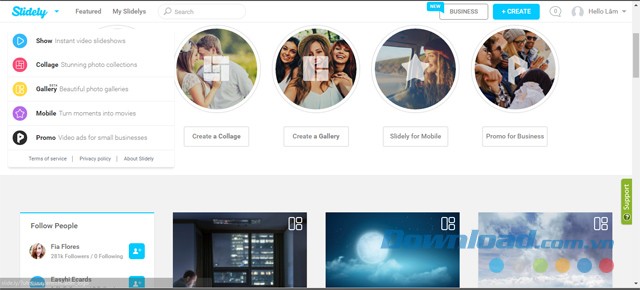 Giao diện chính của ứng dụng web chia sẻ video và ảnh Slidely