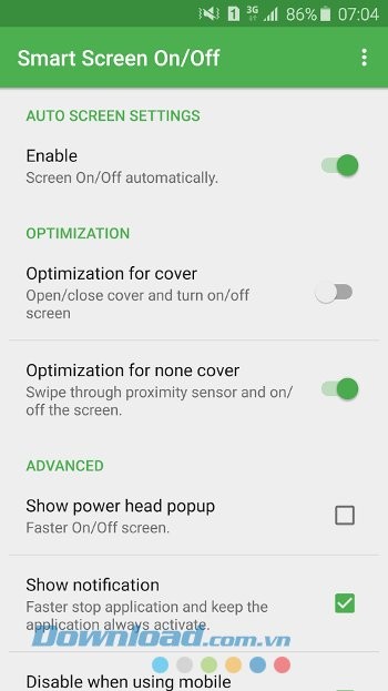 Các thiết lập của Smart Screen On/Off Auto