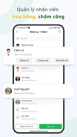 Quản lý nhân viên, chấm công, hoa hồng