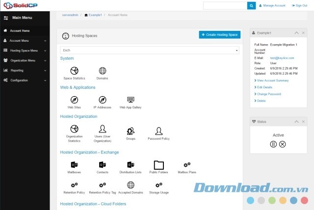 Giao diện chính của phần mềm quản lý SolidCP cho máy tính
