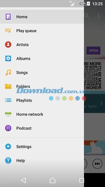 Menu ứng dụng Sony Music cho Android