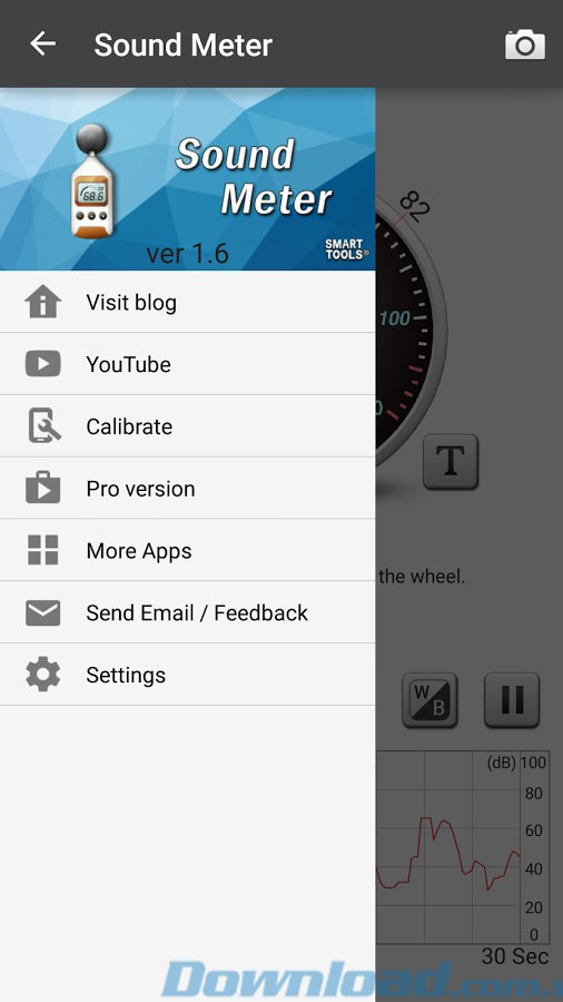 Menu của ứng dụng Sound Meter