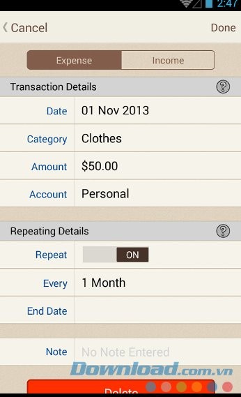 Spending Tracker với giao diện chi tiết khoản giao dịch