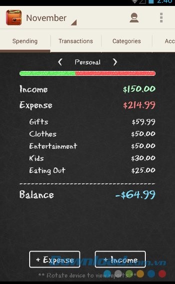 Spending Tracker với giao diện chi tiết các khoản chi tiêu