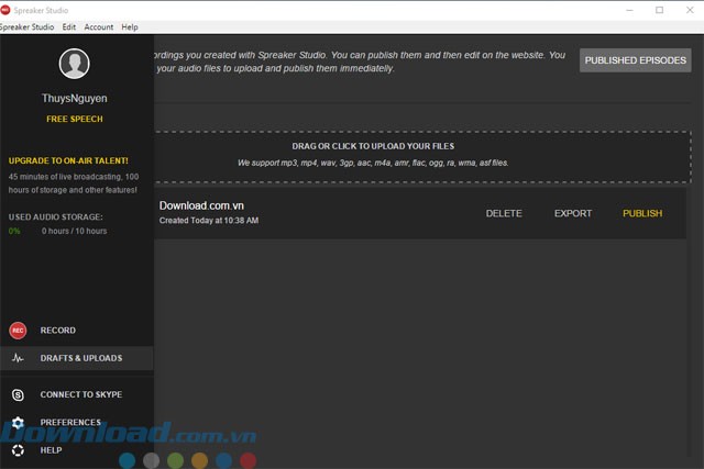 Menu quản lý các mục
