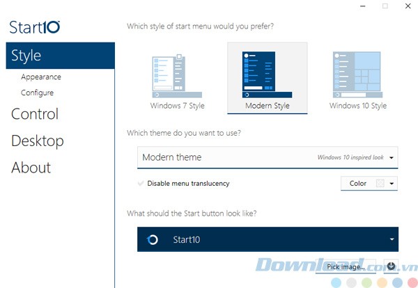 Các thiết lập của Start10 cho Windows 10