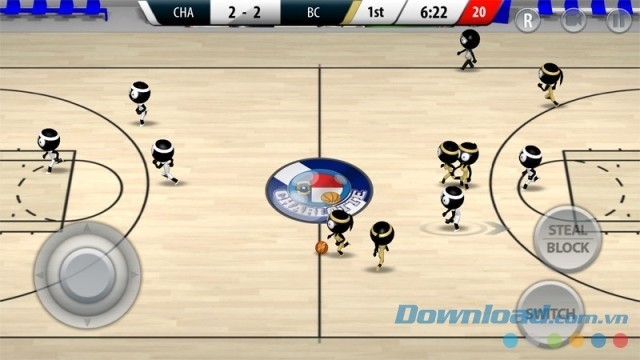 Sử dụng cần điều khiển và các nút bấm cảm ứng trong phiên bản di động của game bóng rổ Stickman Basketball 2017