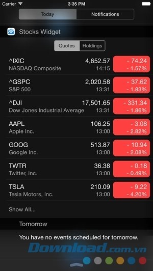 Stocks Widget cho iOS cung cấp giá cổ phiếu