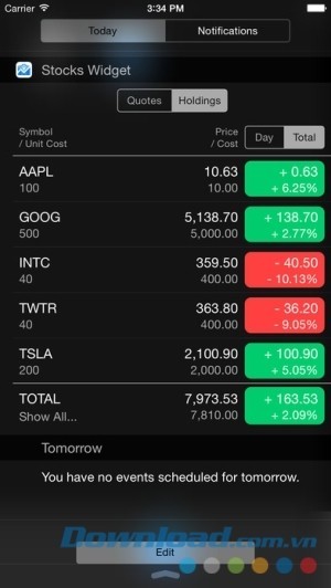 Stocks Widget cho iOS cập nhật thị trường chứng khoán hôm nay