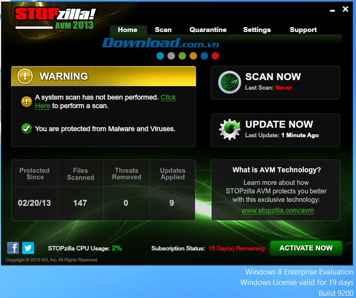 Giao diện chính của STOPzilla AVM 2013
