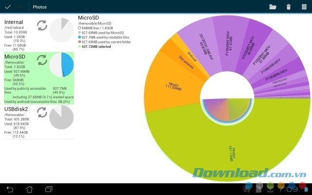 Giao diện ứng dụng Storage Analyser trên máy tính bảng