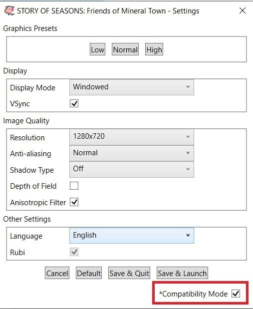 Chơi game Story of Seasons: Friends of Mineral Town ở chế độ Compatibility Mode
