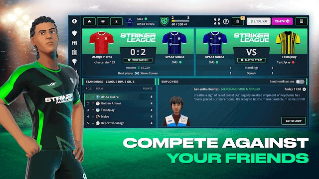 Cạnh tranh chống lại bạn bè trong game bóng đá nhiều người chơi Striker Manager 3