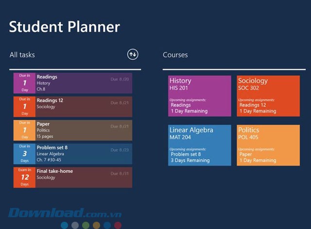 Giao diện ứng dụng Student Planner