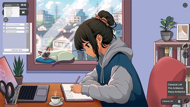 Chọn một trong 3 môi trường âm thanh: nhạc lofi, tiếng mưa rơi hay tiếng củi cháy trong lò sưởi