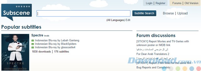 Giao diện chính của Subscene