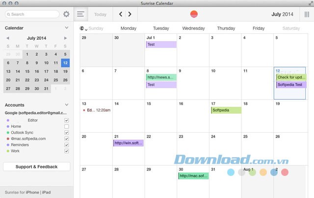 Giao diện ứng dụng lịch Sunrise Calendar cho Mac