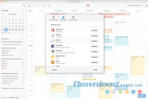 Sunrise Calendar kết nối với nhiều tài khoản