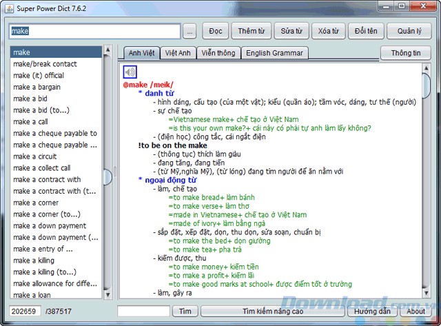 Giao diện của từ điển Anh Việt Super Power Dict for Java