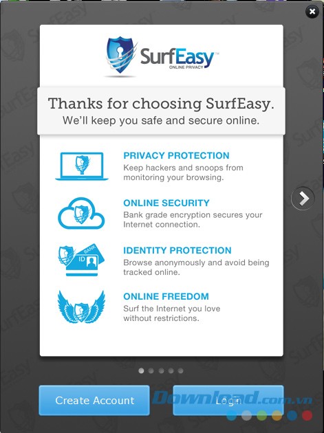 Giao diện chính của ứng dụng mạng riêng ảo SurfEasy VPN cho máy tính