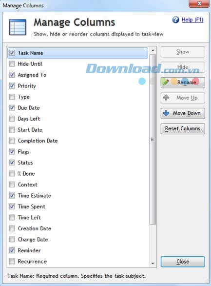 Các cột trong phần mềm
