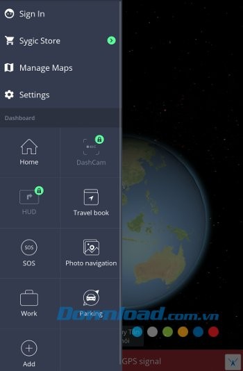Menu ứng dụng GPS Navigation & Maps Sygic