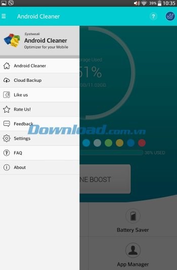 Menu ứng dụng Systweak Android Cleaner