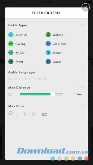 Tiêu chí lọc của Tales & Tours cho iOS