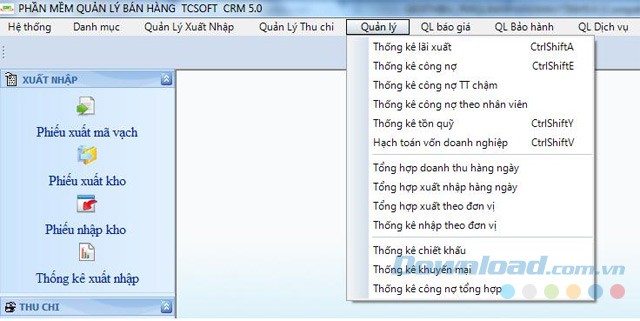 Giao diện chính phần mềm quản lý bán hàng TCSoft CRM